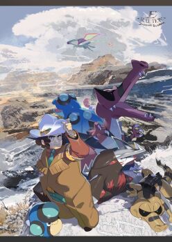 1boy arm_up belt_buckle brown_hair brown_jacket buckle chaps clay_(pokemon) closed_mouth cloud day e_volution excadrill flygon gen_3_pokemon gen_5_pokemon green_pants hand_on_headwear hat jacket krokorok krookodile looking_up male_focus nintendo outdoors palpitoad pants pokemon pokemon_(creature) pokemon_bw seismitoad short_hair sky smile standing watch watermark white_hat wristwatch