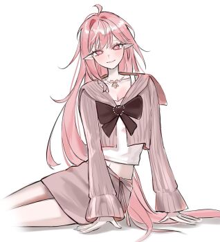 1girl ahoge alternate_costume breasts cleavage cyrene_(demiurge)_(honkai:_star_rail) cyrene_(honkai:_star_rail) honkai:_star_rail honkai_(series) long_hair midriff_peek navel pink_eyes pink_hair pointy_ears purple_skirt purple_sweater shirt skirt smile solo ssamsa0404 sweater thighs very_long_hair white_shirt