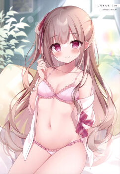 1girl absurdres arm_support armpit_crease artist_name bare_shoulders blurry blurry_background blush bow bow_bra bowtie bra breasts brown_hair cleavage closed_mouth collarbone collared_shirt cowboy_shot dengeki_moeoh frilled_bra frilled_panties frills groin hair_ribbon hand_up highres indoors light_particles light_rays long_hair looking_at_viewer magazine_scan navel one_side_up open_clothes open_shirt original page_number panties partially_undressed pink_bra pink_eyes pink_panties plant red_bow red_bowtie red_ribbon ribbon scan shirosei_mochi shirt sidelocks sitting small_breasts smile solo stomach sunbeam sunlight third-party_source underwear white_shirt