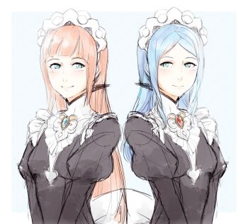 2girls alternate_hairstyle apron aqua_eyes blue_hair blush bow commentary felicia_(fire_emblem) fire_emblem fire_emblem_fates flora_(fire_emblem) frilled_apron frills headdress lithety long_hair long_sleeves looking_at_another maid maid_apron maid_headdress multiple_girls nintendo pink_hair puffy_long_sleeves puffy_sleeves siblings sisters sketch smile striped_background twins upper_body