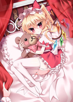 Rule 34 | 1girl, absurdres, blonde hair, commentary request, crystal wings, flandre scarlet, hat, highres, holding, holding stuffed toy, mob cap, on bed, pointy ears, red eyes, red shirt, red skirt, rori82li, shirt, skirt, solo, stuffed animal, stuffed toy, teddy bear, thighhighs, touhou, white thighhighs, wings