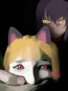 2girls artist_request bad_link black_hair blonde_hair blue_archive covering_another&#039;s_mouth dark-skinned_female dark_skin karin_(blue_archive) meme momoi_(blue_archive) multiple_girls photo-referenced racist_momoi_(meme) red_eyes yellow_eyes