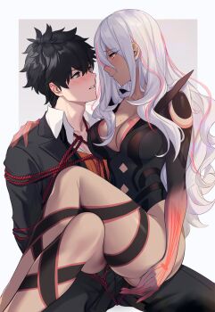 Rule 34 | 1boy, 1girl, ai the somnium files, ai the somnium files: nirvana initiative, aki663, bdsm, black eyes, black hair, black jacket, black pants, blush, bondage, bound, breasts, bulge, closed mouth, colored skin, crossed legs, dark-skinned female, dark skin, erection, erection under clothes, eye contact, hair between eyes, hetero, heterochromia, highres, jacket, large breasts, long hair, looking at another, mole, mole on breast, mole under mouth, multicolored hair, pants, parted lips, pink hair, red eyes, rope, ryuki kuruto, shibari, shibari over clothes, simple background, spiked hair, tama (ai the somnium files), very long hair