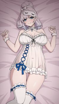 1girl absurdres alternate_costume aqua_eyes babydoll bed_sheet breasts bright_pupils closed_mouth collar commentary cosplay covered_navel cross-laced_clothes cross-laced_dress daydarion english_commentary fingernails frilled_babydoll frilled_collar frilled_thighhighs frills fur_wrist_cuffs gluteal_fold grey_hair hair_bun halterneck heart heart-shaped_pupils highres hololive hololive_english hololive_indonesia large_breasts looking_at_viewer lying no_pants on_back on_bed pavolia_reine see-through_babydoll see-through_clothes sleep_mask sleepwear smile solo symbol-shaped_pupils takanashi_kiara takanashi_kiara_(cosplay) takanashi_kiara_(cozy) thighhighs virtual_youtuber white_babydoll white_thighhighs wrist_cuffs