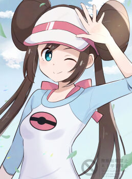1girl ;) aoneko4ao_(edwf7745) arm_up blue_eyes bright_pupils brown_hair cloud commentary_request day double_bun falling_leaves hair_bun leaf long_hair looking_at_viewer nintendo one_eye_closed outdoors pokemon pokemon_black_2_and_white_2 raglan_sleeves rosa_(pokemon) shirt sidelocks sky smile solo three-quarter_sleeves twintails upper_body visor_cap watermark white_pupils