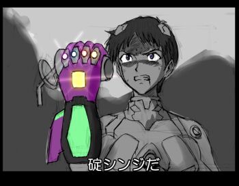1boy angry avengers:_endgame avengers_(series) blood blood_from_mouth blue_eyes clenched_teeth cup cup_holder disposable_cup drinking_straw glowing hairpods ikari_shinji infinity_gauntlet kin-san_(sasuraiga) male_focus marvel marvel mecha_pilot_suit merchandise neon_genesis_evangelion parody plugsuit_(evangelion) sketch teeth translated