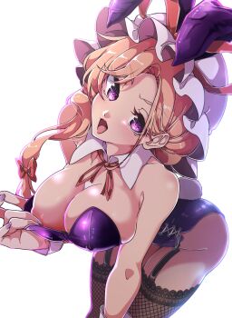 1girl absurdres animal_ears areola_slip blonde_hair breasts collar collarbone commentary_request commission detached_collar fake_animal_ears fake_tail fishnet_thighhighs fishnets garter_straps gokuu_(acoloredpencil) hair_ribbon highres large_breasts leaning_forward leotard leotard_pull lipstick long_hair looking_at_viewer makeup nail_polish open_mouth playboy_bunny purple_eyes purple_leotard purple_nails rabbit_ears rabbit_tail red_lips ribbon see-through_clothes see-through_leotard skeb_commission solo tail thighhighs thighs touhou yakumo_yukari