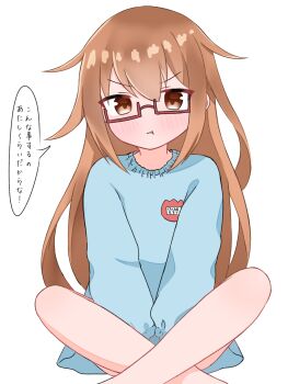 1girl angry barefoot blue_sweater blush brown_eyes brown_hair glasses kantai_collection kindergarten_uniform long_hair long_sleeves looking_at_viewer matu_(matu19) mochizuki_(kancolle) name_tag pout sitting speech_bubble sweater white_background