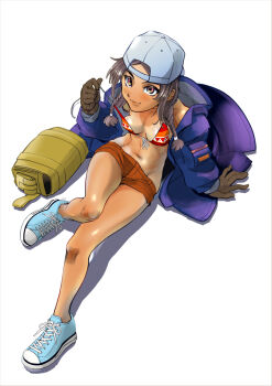 1girl backwards_hat bag bikini bikini_tan bikini_top_only blue_hat blue_jacket blue_shoes blush braid breasts brown_gloves brown_hair closed_mouth commentary_request dark-skinned_female dark_skin eyelashes front-tie_bikini_top front-tie_top full_body gloves gundam gundam:_hathaway's_flash hat highres holding_strap jacket julia_suga lips long_hair long_sleeves navel open_clothes open_jacket orange_shorts shoelaces shoes shorts simple_background sitting smile solo stomach swimsuit tan tanline twin_braids twintails white_background yellow_bag zouge