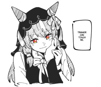 1girl 1other absurdres animal_ears ear_covers english_text highres horse_ears horse_girl masruu orange_eyes pov pov_hands simple_background speech_bubble still_in_love_(umamusume) trainer_(umamusume) umamusume upper_body veil white_background