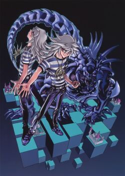 2boys bakura_ryou belt black_pants black_shoes blue_shirt building castle duel_monster from_above grey_hair jewelry looking_at_viewer male_focus medium_hair millennium_puzzle millennium_ring multiple_boys official_art pants red_eyes shirt shoes short_sleeves striped_clothes striped_shirt t-shirt takahashi_kazuki third-party_source two-tone_shirt white_shirt yami_bakura yu-gi-oh! zorc_necrophades