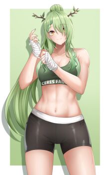 1girl abs alternate_costume antlers bike_shorts black_shorts border ceres_fauna clothes_writing commentary cowboy_shot drop_shadow eyelashes green_background green_hair green_sports_bra hair_over_one_eye highres hololive hololive_english horns leaf long_hair mole mole_under_eye more_muscular_than_canon muscular muscular_female navel ponytail popcornflakes shorts sidelocks simple_background solo sports_bra stomach sweat very_long_hair virtual_youtuber white_border yellow_eyes