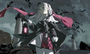 1girl absurdres arknights bird black_cape black_jacket cape closed_mouth collar crow grey_eyes highres holding holding_lantern irene_(arknights) jacket lantern lighthouse long_hair looking_ahead multicolored_skirt qtian rapier red_skirt sidelocks skirt solo sword weapon white_collar white_hair