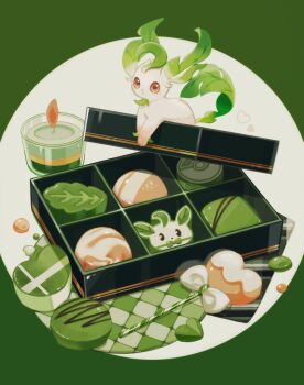 Rule 34 | animal focus, box, box of chocolates, brown eyes, candle, candy, character-themed food, chocolate, chocolate heart, closed mouth, food, gen 4 pokemon, green theme, harumomo (@harumomo123456), heart, heart-shaped food, highres, leafeon, lollipop, mixed-language commentary, nintendo, no humans, pokemon, pokemon (creature), pokemon focus, smile, valentine