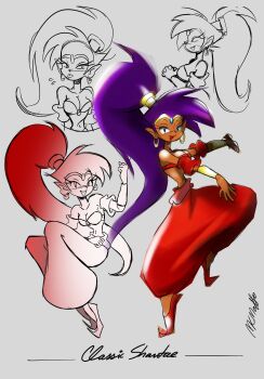 1girl :p baggy_pants bracelet breasts cleavage dark-skinned_female dark_skin earrings gold_bracelet gold_tiara grey_background high_ponytail highres hoop_earrings jewelry medium_breasts mkmaffo pants pointy_ears pointy_shoes ponytail purple_hair red_pants red_shoes shantae shantae_(2002_game) shantae_(series) shoes simple_background sketch solo tiara tongue tongue_out