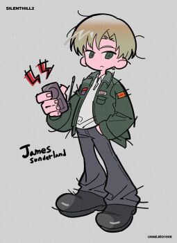 Rule 34 | 1boy, absurdres, arm up, black shirt, blonde hair, character name, closed mouth, collared shirt, copyright name, frown, green eyes, green jacket, grey background, grey pants, haejeo1008, hand in pocket, highres, holding, holding radio, jacket, james sunderland, long sleeves, looking to the side, male focus, pants, parted bangs, shirt, short hair, sideways glance, silent hill (series), silent hill 2, simple background, sketch, solo, twitter username, white shirt, wing collar