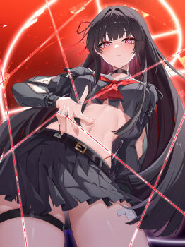 1girl absurdres arm_cutout black_choker black_hair black_serafuku black_skirt blush breasts chinese_commentary chisa_(wuthering_waves) choker closed_mouth clothing_cutout commentary_request crop_top fingernails hair_ribbon highres long_hair long_sleeves looking_at_viewer maozi_tutu medium_breasts mole mole_under_eye navel neckerchief paid_reward_available partial_commentary red_eyes red_neckerchief red_ribbon ribbon sailor_collar school_uniform serafuku skirt solo stomach tacet_mark_(wuthering_waves) thigh_strap thighs very_long_hair white_sailor_collar wuthering_waves