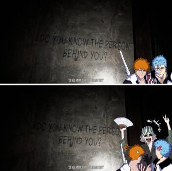 3boys bandaged_weapon bleach blonde_hair blue_eyes blue_hair bucket_hat caption commentary do_you_know_the_person_behind_you?_(meme) game_screenshot_inset grimmjow_jaegerjaquez hand_fan happy hat highres hollow_mask kryptonite4sale kurosaki_ichigo livestream looking_back male_focus meme multiple_boys open_mouth orange_hair screenshot_background screenshot_inset short_hair spiked_hair urahara_kisuke v weapon weapon_on_back
