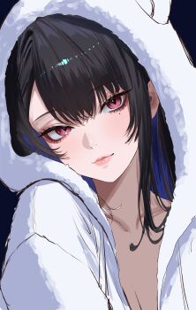 Rule 34 | 1girl, absurdres, akamiya mumu, animal hood, black hair, blue hair, breasts, cleavage, closed mouth, collarbone, commentary request, highres, hololive, hololive english, hood, hood up, hoodie, lips, looking at viewer, mole, mole under eye, multicolored hair, nerissa ravencroft, red eyes, slit pupils, solo, two-tone hair, upper body, virtual youtuber, white hoodie