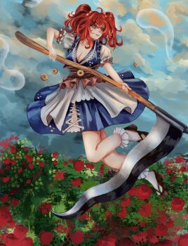 1girl absurdres black_shoes blue_dress breasts cleavage commentary dress flower full_body ghost hair_bobbles hair_ornament high_heels highres medium_hair mr_doza onozuka_komachi outdoors red_eyes red_flower red_hair sash shoes short_sleeves socks solo touhou two_side_up white_socks