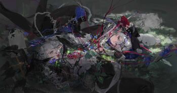 2others absurdres animal bird black_boots black_pants blood blood_in_hair blood_on_face blue_eyes blue_flower boots commission cross crow ear_piercing feet_out_of_frame flower frilled_sleeves frills gloves goat graveyard green_gloves grey_eyes grey_hair hair_between_eyes hair_over_one_eye hand_up highres holding holding_sword holding_weapon long_sleeves looking_at_viewer lying multiple_others on_side original pants piercing pointy_ears qingfeng_canying red_gloves sample_watermark short_hair sword thigh_boots tombstone watermark weapon