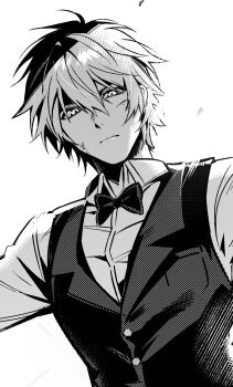 Rule 34 | 1boy, arm up, bow, bowtie, closed mouth, collared shirt, commentary request, double-parted bangs, durarara!!, eromkk, frown, greyscale, hair between eyes, heiwajima shizuo, highres, lapels, long sleeves, looking at viewer, male focus, monochrome, notched lapels, shirt, solo, upper body, vest, white background