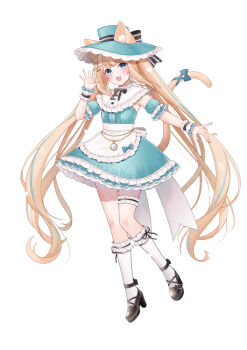 1girl :d animal_ears apron black_bow black_shoes blonde_hair blue_bow blue_dress blue_eyes blue_hair blue_hat blue_sleeves blush bow cat_ears cat_girl cat_tail center_frills chitetan commentary_request copyright_request detached_sleeves dress ears_through_headwear frilled_apron frilled_dress frills full_body hat high_heels long_hair looking_at_viewer multicolored_hair open_mouth pocket_watch puffy_short_sleeves puffy_sleeves shoes short_sleeves simple_background smile socks solo streaked_hair striped_bow tail tail_bow tail_ornament twintails very_long_hair virtual_youtuber watch watermark white_apron white_background white_socks wrist_cuffs