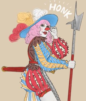 1girl armor belt_buckle black_eyes buckle clown clown_nose clownsknecht cream_background goblin_bin hat hat_feather highres holding holding_polearm holding_weapon honking_nose makeup original pink_hair polearm red_lips scabbard sheath simple_background solo weapon