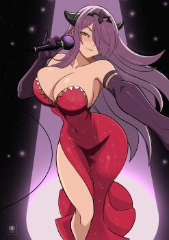 1girl bare_shoulders breasts camilla_(fire_emblem) cleavage collarbone dress elbow_gloves fire_emblem fire_emblem_fates gloves hair_over_one_eye ihsnet large_breasts long_hair microphone nintendo purple_eyes purple_hair solo