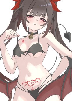 1girl bare_shoulders bell bikini black_bikini black_choker black_panties blush breasts brown_hair butterfly-shaped_pupils choker collarbone commentary cowboy_shot demon_girl demon_tail demon_wings eyeshadow hair_ribbon highres honkai:_star_rail honkai_(series) long_hair looking_at_viewer makeup mole mole_under_eye navel neck_bell oimo_imonium open_mouth panties pink_eyes pubic_tattoo red_eyeshadow ribbon sidelocks simple_background small_breasts solo sparkle_(honkai:_star_rail) standing stomach swimsuit symbol-shaped_pupils tail tattoo tongue tongue_out twintails underwear white_background wings
