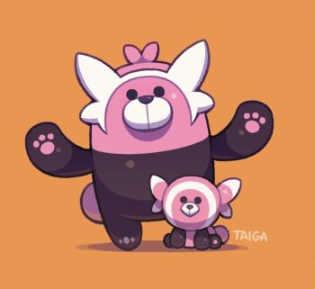 animal_ear_fluff animal_ears bewear gen_7_pokemon kayama_taiga nintendo orange_background pokemon pokemon_(creature) red_panda red_panda_ears red_panda_tail sitting stufful