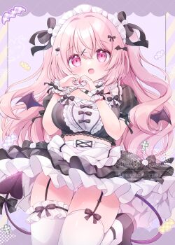 1girl absurdres bat_hair_ornament black_bow black_shirt black_skirt black_wings blush bow breasts chiika_(cure_cherish) cropped_shirt demon_girl demon_tail demon_wings frills garter_straps hair_bow hair_ornament hairclip halloween_costume heart heart_hair_ornament heart_hands highres large_breasts long_hair looking_at_viewer maid maid_headdress open_mouth original panties pink_eyes pink_hair puffy_sleeves shirt short_sleeves skirt smile solo tail thighhighs tia_(chiika_cure_cherish) underwear white_headdress white_panties white_shirt white_skirt white_thighhighs wings wrist_cuffs