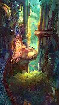 2025 animal building checkered_floor commentary english_commentary highres neur no_humans original railing river scenery snake table tree