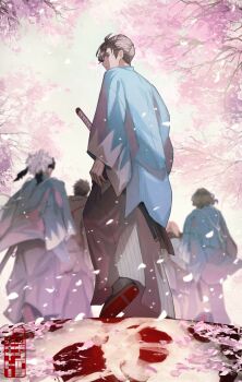 Rule 34 | 1girl, 4boys, aqua haori, black hair, black hakama, black kimono, black scarf, blonde hair, blood, blood on ground, blood on shoes, blue haori, branch, brown hair, cherry blossoms, falling petals, fate/grand order, fate (series), flower, from behind, grey hair, grey hakama, hair slicked back, hakama, haori, headband, highres, hijikata toshizou (fate), hijikata toshizou (third ascension) (fate), japanese clothes, katana, kimono, looking back, multiple boys, nagakura shinpachi (fate), nagakura shinpachi (third ascension) (fate), okita souji (teal haori and hakama) (fate), outdoors, petals, pink flower, pink petals, ponytail, saitou hajime (fate), saitou hajime (third ascension) (fate), scarf, sheath, sheathed, shinsengumi (fate), short ponytail, spring (season), sword, tasuki, teria (teriarian), tree, wavy hair, weapon, white hair, yamanami keisuke (fate)