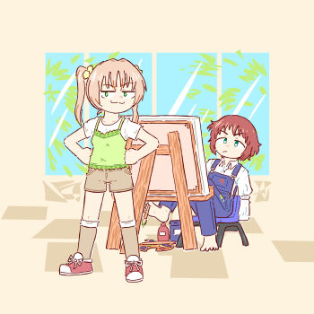 2girls :3 amputee armless_amputee barefoot blonde_hair blue_overalls brown_shorts canvas_(object) casual closed_mouth commentary commission denim denim_overalls double_amputee easel english_commentary feet full_body green_eyes green_tank_top hair_ornament hands_on_own_hips highres holding holding_paintbrush holding_with_feet ibarazaki_emi indoors jjpp_works katawa_shoujo leaf long_hair long_sleeves multiple_girls official_alternate_costume on_stool overalls paint paint_on_clothes paint_palette paintbrush painting_(action) prosthesis prosthetic_leg red_hair red_shoes shirt shoelaces shoes short_hair short_sleeves shorts sitting sleeve_tied_shut smile smug split_mouth standing t-shirt tank_top tezuka_rin toes twintails white_shirt window