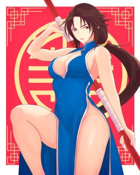 1girl breasts brown_eyes brown_hair chinese_clothes cleavage cleavage_cutout clothing_cutout highres hip_bones hong_xiu_ying large_breasts long_hair no_panties pelvic_curtain ponytail sega shenmue shenmue_ii shiny_skin sideboob sidelocks sleeveless staff_(weapon) thick_thighs thighs truejekart