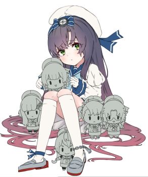 Rule 34 | 1girl, alakoala, black hair, blue skirt, blush, character doll, commentary request, doll, etorofu (kancolle), freckles, fukae (kancolle), gloves, gradient hair, green eyes, hat, hirato (kancolle), kantai collection, long hair, long sleeves, matsuwa (kancolle), multicolored hair, neckerchief, pleated skirt, purple hair, sado (kancolle), sailor collar, sailor hat, school uniform, serafuku, sitting, skirt, solo, tsushima (kancolle), white gloves, white hat