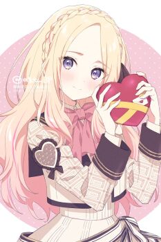 1girl agata_(agatha) black_bow black_sailor_collar blonde_hair blush border bow bowtie box box_of_chocolates braid closed_mouth collared_shirt commentary_request cropped_jacket crown_braid curtained_hair dot_nose gakuen_idolmaster hair_bow hands_up happy_mille-feuille_(idolmaster) heart-shaped_box high-waist_skirt highres holding holding_box idolmaster jacket juo_sena letter long_hair long_sleeves looking_at_viewer love_letter multicolored_hair parted_bangs pink_background pink_bow pink_bowtie pink_streaks purple_eyes round_border sailor_collar shirt skirt smile solo streaked_hair twitter_username upper_body valentine very_long_hair watermark white_border white_jacket white_shirt white_skirt