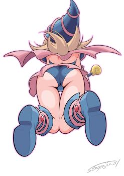 1girl ass blonde_hair blue_hat blue_panties capelet commentary_request dark_magician_girl duel_monster from_behind full_body hat highres long_hair panties pink_capelet pink_skirt sengenjin31 simple_background skirt solo underwear white_background yu-gi-oh!