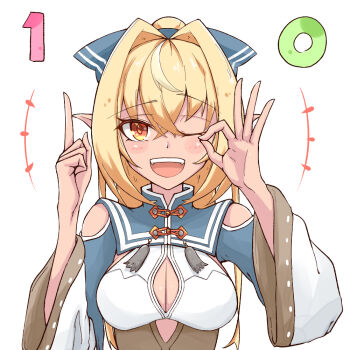 +++ ;d bare_shoulders blonde_hair blonde_streaks blue_bow blush blush_stickers bow breasts clothing_cutout commentary_request criss-cross_halter cutout_above_navel dark-skinned_female dark_skin detached_collar detached_sleeves eihire elf finger_counting hair_bow halterneck hololive long_hair mandarin_collar medium_breasts milestone_celebration multicolored_hair no_gloves one_eye_closed open_mouth pointy_ears ponytail shiranui_flare shiranui_flare_(old_design) shoulder_cutout simple_background sleeve_rolled_up smile streaked_hair underbust upper_body virtual_youtuber white_background