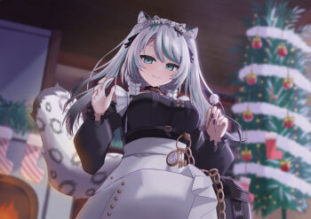 animal_ears black_sky braid braided_sidelocks cake cheek_rest copyright_request cross-laced_clothes cross-laced_sleeves dessert food frilled_straps fuzzy_clothes grey_nails grey_tail hinamori_anthea holding holding_saucer indie indie_virtual_youtuber leopard_ears leopard_tail maid nata_(tool) non-web_source red_pupils saucer sky snow_leopard_tail strawberry_shortcake tail teapot virtual wallpaper_(object)