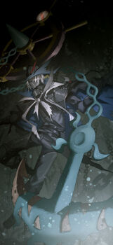 Rule 34 | 1boy, absurdres, air bubble, arknights, black boots, black gloves, black hat, black jacket, black pants, boots, bubble, chain, commentary request, crossover, dhelmise, gen 7 pokemon, gloves, grey hair, hat, highres, jacket, mask, mouth mask, nintendo, pants, pokemon, pokemon (creature), red eyes, sanshouuo, ulpianus (arknights), underwater, water