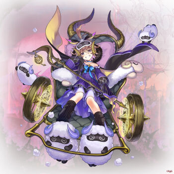 &gt;_&lt; 1girl aqua_bow aqua_choker bow brown_hair choker colored_inner_hair commentary_request copyright_notice crown dress full_body gambanteinn grey_crown grin hair_between_eyes hair_ornament hand_on_own_cheek hand_on_own_face head_on_pillow head_rest head_tilt holding holding_staff horns looking_at_viewer mini_crown multicolored_hair nakatsun_(gumi) off-shoulder_dress off_shoulder official_alternate_costume official_art phantom_of_the_kill pillow purple_dress purple_eyes rickshaw second-party_source sheep sitting sleep_mask sleeves_past_fingers sleeves_past_wrists smile solo staff sweatdrop v-shaped_eyebrows wheel