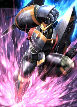 Rule 34 | attack, blue eyes, clenched hands, commentary request, electricity, flying kick, glowing, glowing eye, gunbuster, inazuma kick, kicking, llowoll, looking down, mecha, no humans, one-eyed, robot, science fiction, solo, super robot, top wo nerae!, top wo nerae! (series), twitter username