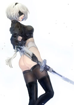 1girl 2b_(nier:automata) ass black_hairband blindfold boots covered_eyes feather-trimmed_sleeves feather_trim gloves hairband highres juliet_sleeves leotard long_sleeves mitsuki_nite nier:automata nier_(series) puffy_sleeves short_hair simple_background sleeved_leotard solo thighhighs thighhighs_under_boots thong_leotard virtuous_contract white_background white_hair white_leotard
