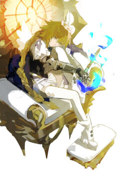 Rule 34 | 1girl, absurdres, angel wings, blonde hair, braid, braided ponytail, commentary, expressionless, fate/grand order, fate (series), fui (fui29493452), full body, gauntlets, grey eyes, halo, head on knee, high heels, highres, jeanne d'arc (fate), knee up, long hair, long sleeves, looking at viewer, metatron jeanne (fate), metatron jeanne (first ascension) (fate), own hands clasped, own hands together, puffy sleeves, shoes, simple background, sitting on throne, solo, thighhighs, throne, white background, white shoes, white thighhighs, white wings, wings