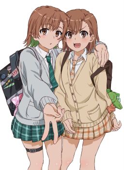 2girls :d arm_around_shoulder asymmetrical_bangs bag bag_charm belt brown_cardigan brown_eyes brown_hair brown_necktie cardigan charm_(object) gekota green_hair green_necktie green_skirt grey_cardigan gyaru_v highres kippei miniskirt misaka_imouto misaka_mikoto multicolored_hair multiple_girls necktie official_alternate_costume open_mouth plaid_clothes plaid_necktie plaid_skirt school_bag skirt smile striped_clothes striped_necktie sweatdrop thigh_belt thigh_strap toaru_kagaku_no_railgun toaru_majutsu_no_index two-tone_hair v white_background