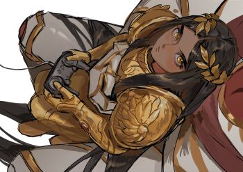 2boys absurdly_long_hair aged_down androgynous armor black_hair controller dark-skinned_male dark_skin emperor_of_mankind father_and_son from_above game_controller gold_armor highres horus_lupercal laurel_crown long_hair looking_up male_focus multiple_boys out_of_frame pauldrons rora_(auroradiation) shoulder_armor simple_background sitting_between_lap straight_hair very_long_hair warhammer_40k white_background yellow_eyes