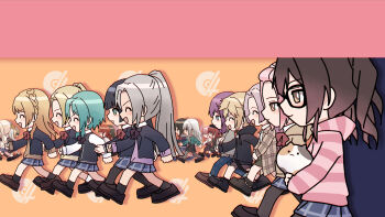 6+girls animal aqua_hair bangs_pinned_back black_hair black_jacket black_pantyhose blazer blonde_hair bow bowtie braid brown_hair brown_hat brown_jacket bun_with_braided_base calico_(pattern) calico_cat cat character_request commentary d4dj deformed fukushima_noa green_hair grey_hair hair_bun hanamaki_towa hat highres holding holding_animal holding_cat hood hooded_jacket inuyose_shinobu izumo_saki jacket long_hair long_sidelocks long_sleeves miyake_aoi multiple_girls naruto_(classic) naruto_(series) niijima_ibuki one_side_up open_clothes open_jacket orange_background orange_hair pantyhose parody pink_background pink_hair ponytail purple_hair red_bow red_bowtie sakurada_miyu short_hair sidelocks single_hair_bun togetsu_rei walking white_jacket yamate_kyouko yano_hiiro yukitake_(bullfalk)