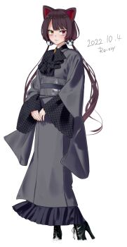 Rule 34 | 1girl, alternate costume, animal ears, animal hair ornament, artist name, ascot, black ascot, black boots, blush, boots, brown hair, closed mouth, commentary request, dated, dog ears, full body, grey kimono, grey sash, heterochromia, high heel boots, high heels, highres, inui toko, japanese clothes, kimono, lace-up boots, long hair, long sleeves, looking at viewer, low twintails, nijisanji, obi, own hands together, re:sty, red eyes, sash, simple background, solo, standing, twintails, very long hair, virtual youtuber, white background, yellow eyes